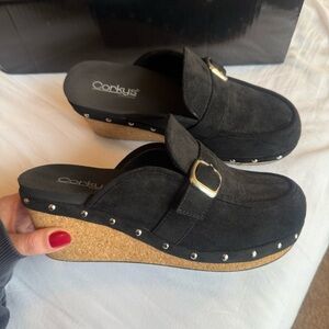 Black Wedge Suede Mules